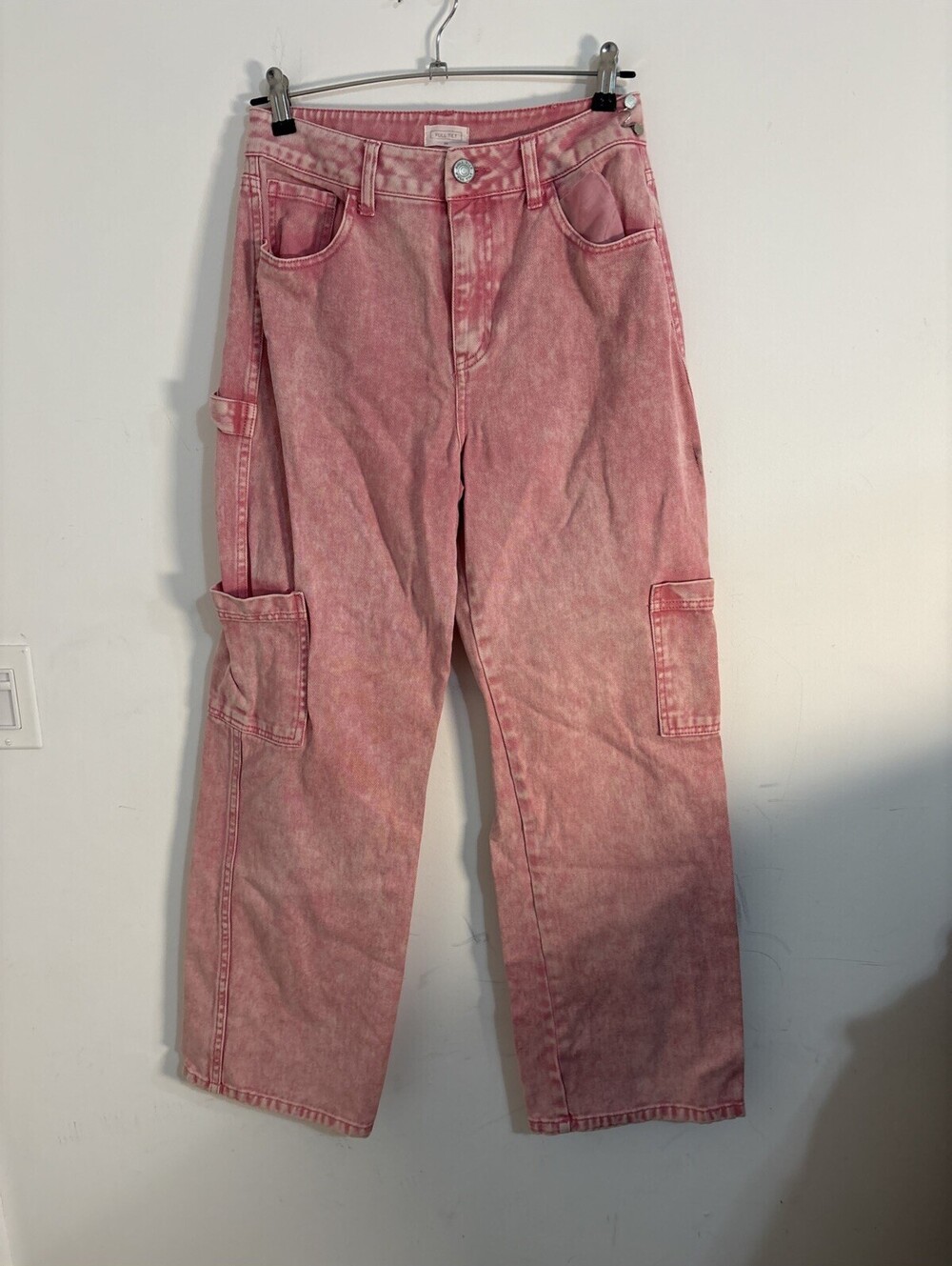 Full Tilt Pink Cargo Jeans Size 27 Wide Leg Carpenter Denim Acid Wash Y2K Baggy